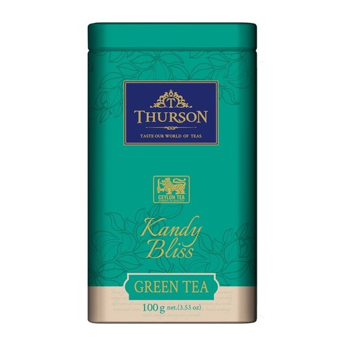 Puszka herbaty zielonej THURSON Kandy Bliss, 100 g. Opakowanie turkusowe ze złotymi zdobieniami i napisem "Ceylon Tea".