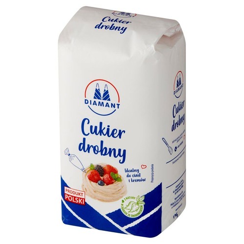 Biała torebka cukru drobnego Diamant, 1 kg. Na opakowaniu widnieje napis "Cukier drobny".