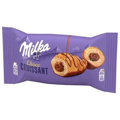 Fioletowe opakowanie Milka Choco Croissant z grafiką dwóch rogalików z czekoladowym nadzieniem i polewą.