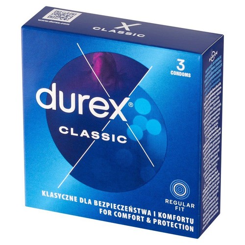 Durex Classic, 3 prezerwatywy Regular Fit. Opakowanie w kolorze niebieskim, z białym logo i napisem Classic.