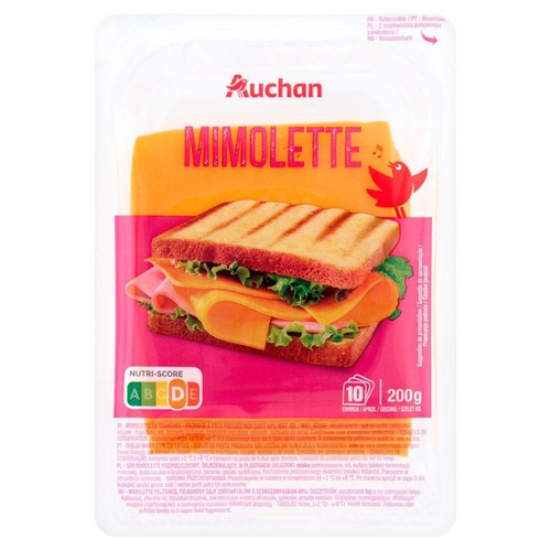 Ser Mimolette Auchan w plastrach, 200 gramów, 10 sztuk. Produkt zapakowany w folię. Na etykiecie znajduje się ilustracja kanapki z serem, wędliną i warzywami oraz mały czerwony ptaszek.