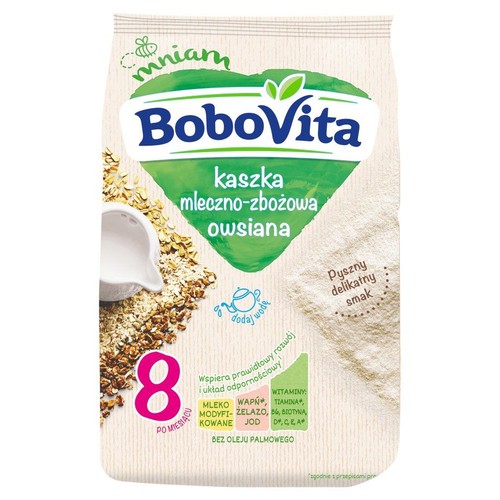 Opakowanie kaszki BoboVita owsianej, mleczno-zbożowej. Do przygotowania z wodą, bez oleju palmowego.