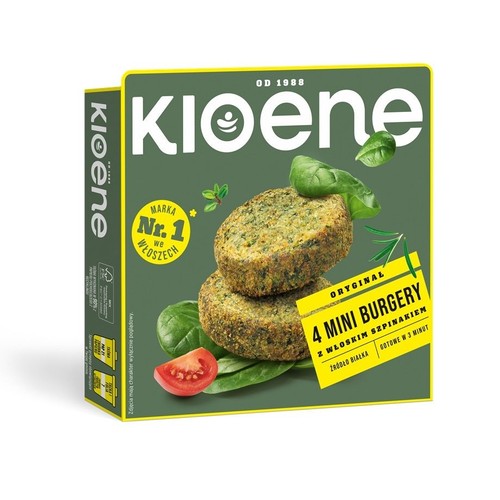 Zielone kartonowe opakowanie Kioene Mini Burgery z Szpinakiem Vege 200g. Na froncie grafika dwóch burgerów, szpinaku i pomidora.