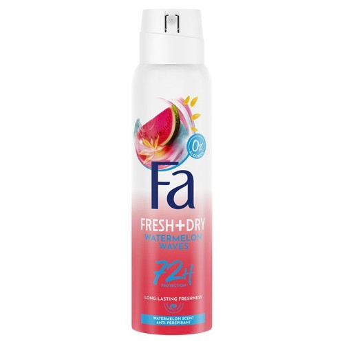 Antyperspirant Fa Fresh+Dry Watermelon Waves w białej butelce z grafiką arbuza. Zapewnia 72h ochrony i 0% alkoholu.