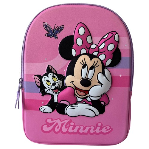 Plecak dziecięcy z grafiką Myszki Minnie, kota i motyla na różowym tle.