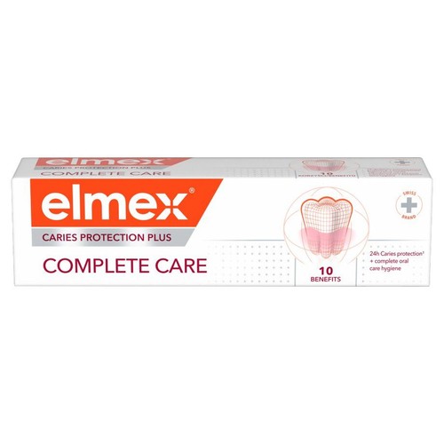 Pasta do zębów elmex Complete Care w białym kartoniku z czerwonymi napisami. Zapewnia ochronę przed próchnicą.