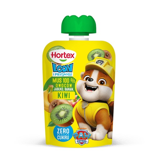 Żółty mus owocowy Hortex 100% z jabłka, banana i kiwi. Z postacią Rubble z Psiego Patrolu. Bez cukru.