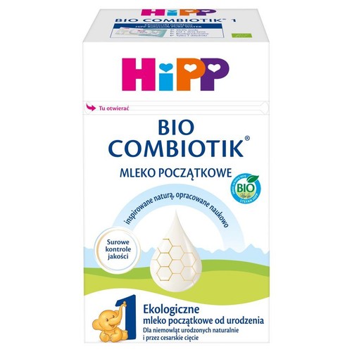 Karton HiPP BIO COMBIOTIK 1, ekologiczne mleko początkowe. Z grafiką kropli mleka i słonika.