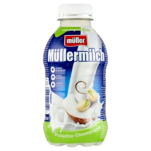Müllermilch o smaku pistacji i kokosa w butelce 400 ml. Etykieta z grafiką orzechów pistacjowych i kawałka kokosa.