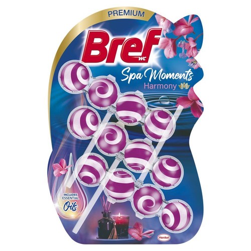 Bref WC Spa Moments Harmony, odświeżacz do toalety. 12 fioletowo-białych kulek na niebieskim tle z kwiatami.