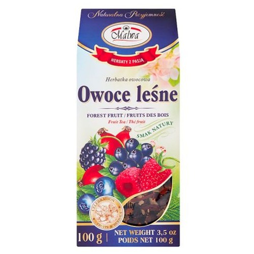 Herbata owocowa Malwa "Owoce leśne" w kartonowym opakowaniu 100g. Z przodu ilustracja jagód i malin.