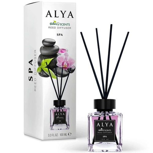 Produkt ALYA Nature's Scents SPA: dyfuzor 100 ml z patyczkami w butelce i białe pudełko z grafiką kamieni spa, orchidei i liści.