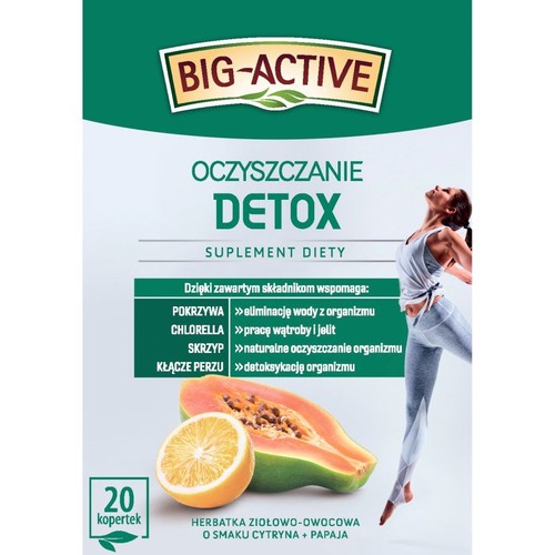 Opakowanie herbatki Big-Active Detox. Suplement diety wspomagający oczyszczanie, smak cytryna i papaja. 20 saszetek.