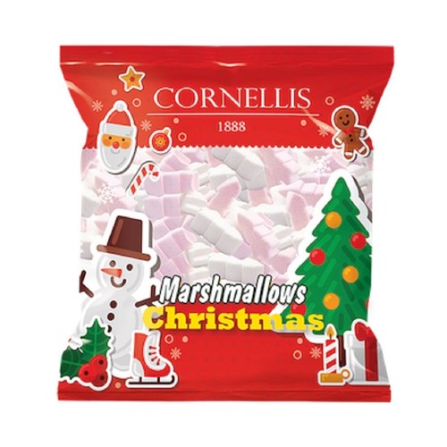 Czerwona torebka pianek Marshmallows Christmas marki Cornelis, rok 1888. W przezroczystej części opakowania widoczne są białe i różowe pianki. Na opakowaniu świąteczne grafiki: Mikołaj, bałwan, choinka, piernikowy ludzik, laska cukrowa i płatki śniegu.