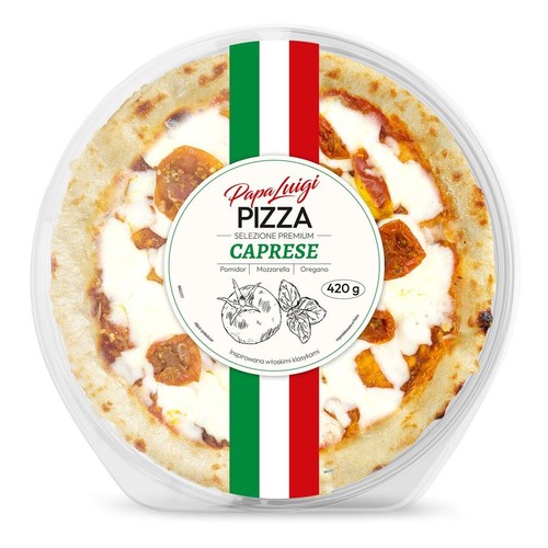 Pizza Caprese marki Papa Luigi o wadze 420g, zapakowana w okrągłe, plastikowe pudełko. Na pizzy znajdują się kawałki sera mozzarella i pomidorów. Etykieta zawiera nazwę produktu oraz składniki (pomidor, mozzarella, oregano).