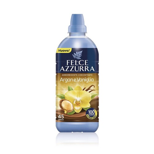 Niebieski płyn do płukania Felce Azzurra Argan i Wanilia, koncentrat na 45 prań. Nowość z zapachem do 100 dni.
