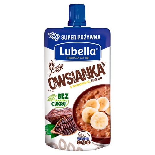 Saszetka Lubella Owsianka z bananami i kakao. Produkt bez dodatku cukru, źródło witamin C, B6, D.