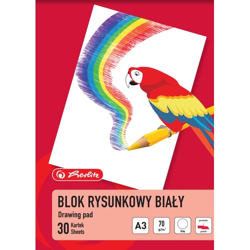 Berlitz blok rysunkowy biały A3, 30 kartek, 70 g/m². Na okładce papuga rysuje tęczę.
