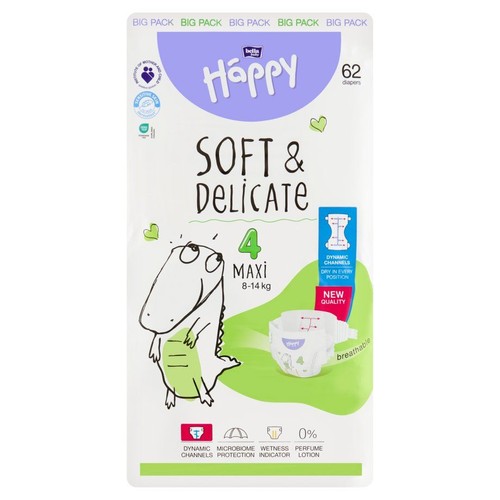 Biała paczka pieluszek Bella Happy Maxi S4 (8-14 kg), 62 sztuki. Z napisem "Soft & Delicate" i grafiką krokodyla.