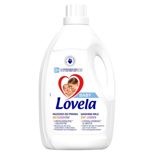 Lovela Baby Mleczko do prania do kolorów w białej butelce. Od pierwszego dnia życia, przebadane dermatologicznie.