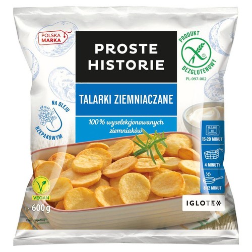 Biała torebka mrożonych talarków ziemniaczanych Proste Historie, 600g. Na opakowaniu grafika złotych talarków w naczyniu. Produkt bezglutenowy.