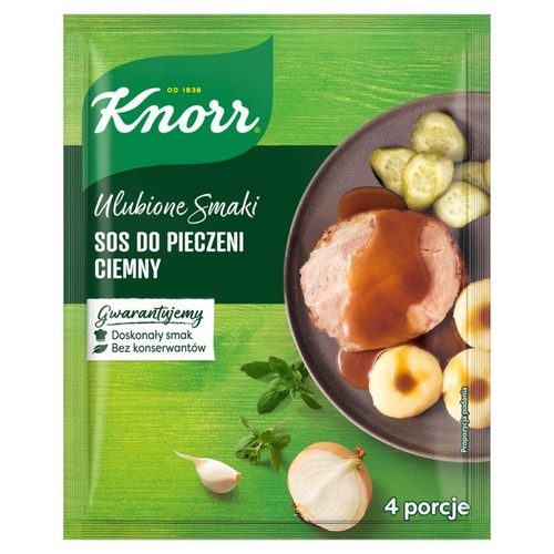 Saszetka Knorr Sos do pieczeni ciemny, zielona, z napisem "Ulubione Smaki". Na opakowaniu grafika przedstawiająca danie z sosem, mięsem, ogórkami i kluskami. Produkt gwarantuje doskonały smak i jest bez konserwantów. Przeznaczony na 4 porcje.