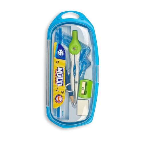 Niebieski zestaw geometryczny Astra Multi w plastikowym etui. Zawiera cyrkiel, ołówek, linijkę, ekierkę, temperówkę i gumkę.