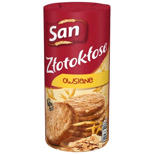 Czerwone opakowanie ciastek owsianych San Złotokłose Owsiane. Na etykiecie grafika ciastek i płatków owsianych.