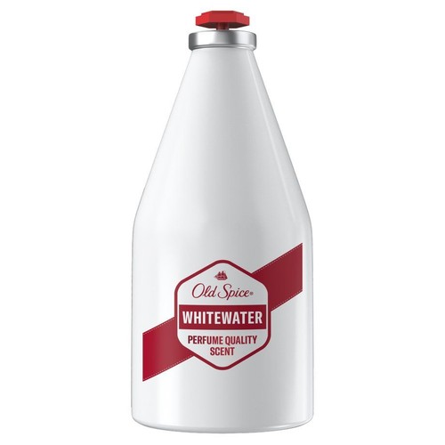 Biała butelka Old Spice Whitewater z czerwoną etykietą i czerwoną zakrętką. Produkt o zapachu jakości perfum.