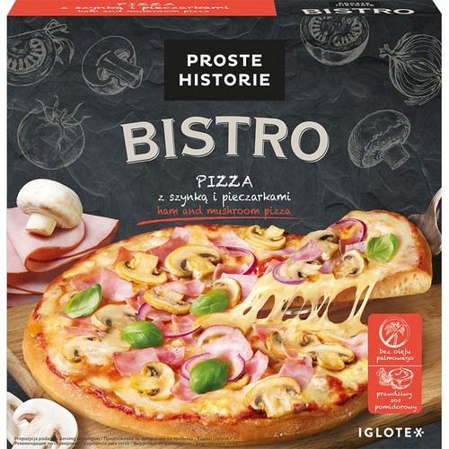 Mrożona pizza Bistro z szynką, pieczarkami i cebulą, 420g. Widoczny kawałek z ciągnącym się serem.