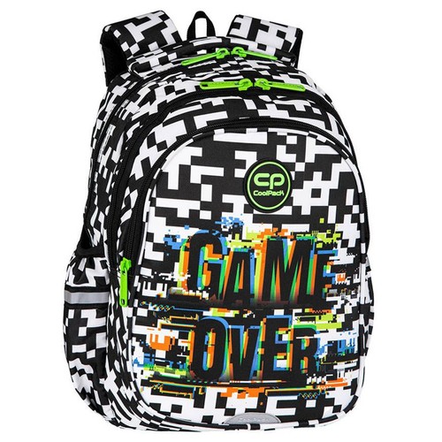 Czarno-biały plecak CoolPack z grafiką "GAME OVER" i neonowo zielonymi zamkami. Wzór przypomina piksele.
