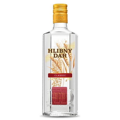 Wódka Hlibny Dar Classic w szklanej butelce 0.5L. Złota zakrętka. Etykieta z nazwą "Hlibny Dar" w złotym kolorze, otoczona ilustracją pszenicy. Czerwony pasek z napisem "CLASSIC". Na dole etykiety czerwony symbol "HD" z napisem "Duch Ukrainy".