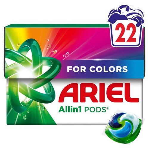 Opakowanie kapsułek do prania Ariel Allin1 PODS Do kolorów, 22 sztuki. Kolorowe pudełko z zielonym wzorem i jedną kapsułką.