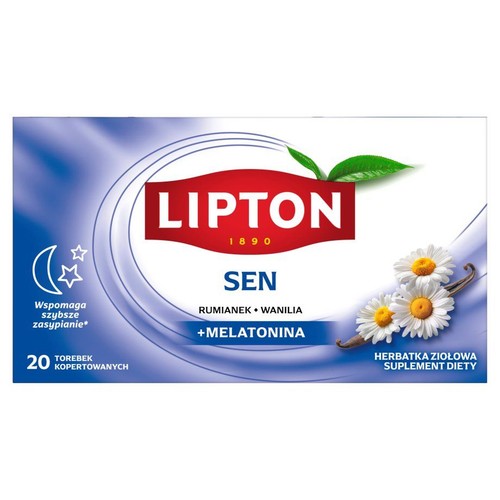Opakowanie herbatki Lipton SEN z rumiankiem, wanilią i melatoniną. Suplement diety w 20 kopertowanych torebkach.