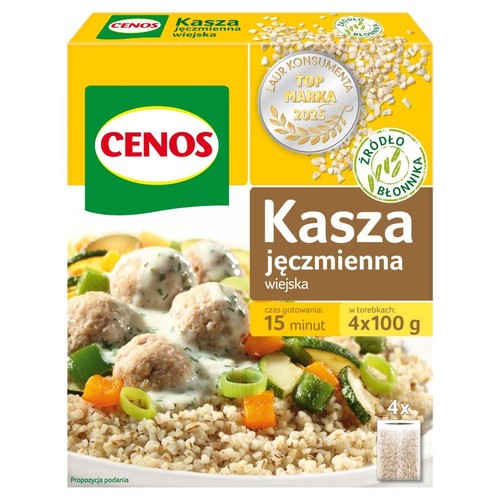 CENOS Kasza jęczmienna wiejska w opakowaniu 4x100g. Na pudełku widoczna propozycja podania z klopsikami i warzywami.