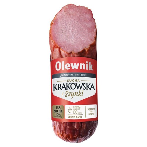 Produkt Olewnik: Sucha Krakowska z Szynki. Kiełbasa wędzona, suszona, źródło białka. Zawiera 143g mięsa na 100g.