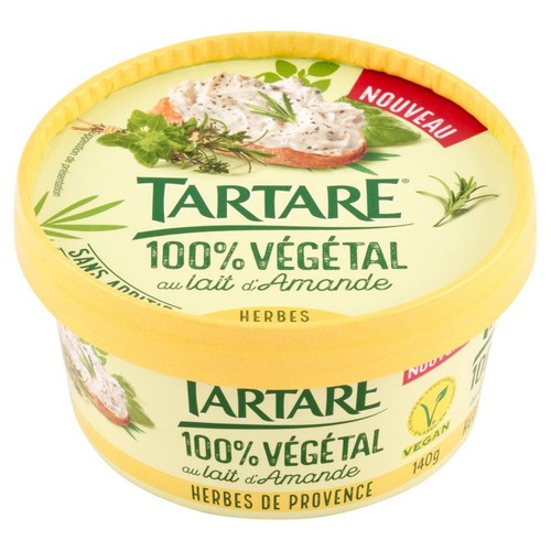 Opakowanie wegańskiego kremu Tartare, 100% roślinny, z mleka migdałowego i ziół prowansalskich. Waga 140g.