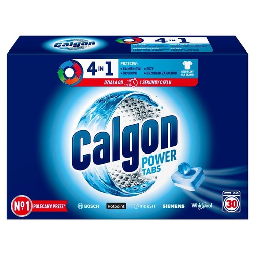 Opakowanie Calgon Power Tabs 4w1, 30 tabletek do ochrony pralki przed kamieniem i rdzą.