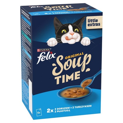 Purina Felix Original Soup Time, karma dla kota, 6 porcji. Opakowanie z kotem i miską zupy. Smaki: dorsz, tuńczyk, płastuga.