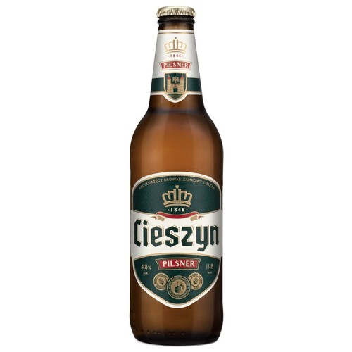 Butelka piwa Cieszyn Pilsner o zawartości 4.8% alkoholu. Etykieta jest zielono-biała, z napisem "Cieszyn" i "Pilsner". Widoczne są też informacje o browarze "Arcyksiążęcy Browar Zamkowy Cieszyn" i rok 1846.