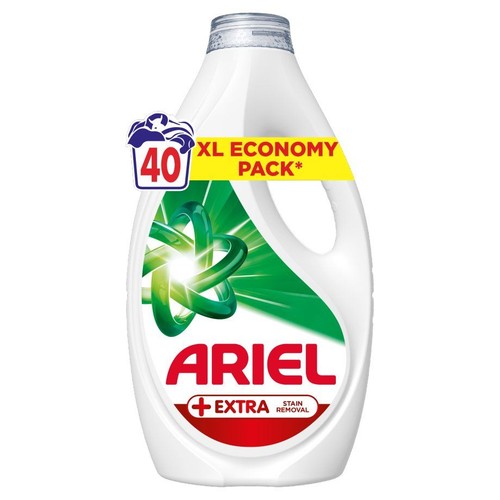 Biała butelka płynu do prania Ariel, 40 prań, opakowanie ekonomiczne XL. Z napisem "+ EXTRA usuwanie plam".