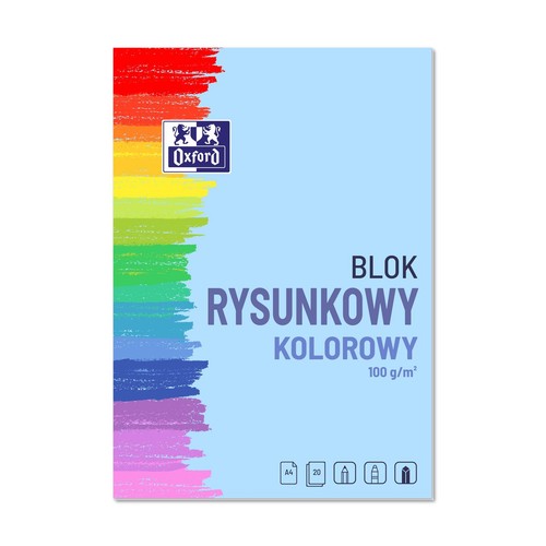 Oxford blok rysunkowy kolorowy, A4, 20 arkuszy, 100 g/m². Okładka z tęczowymi pociągnięciami pędzla.
