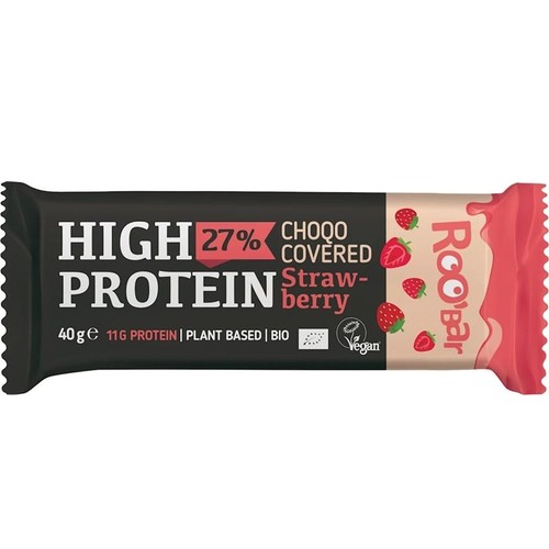 Baton Roo'Bar High Protein, 40g, z 11g białka, pokryty czekoladą o smaku truskawkowym. Produkt jest w 27% wysokobiałkowy, roślinny, wegański i posiada certyfikat ekologiczny. Na opakowaniu widoczne są truskawki.