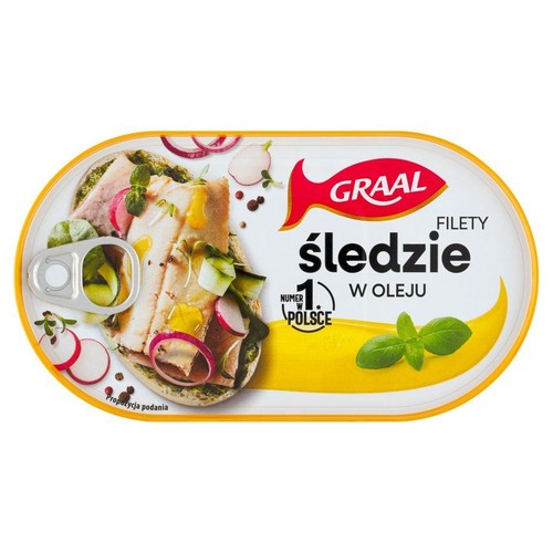 Puszka Graal Filety Śledzie w Oleju. Na wieczku grafika przedstawiająca filety na pieczywie z warzywami.