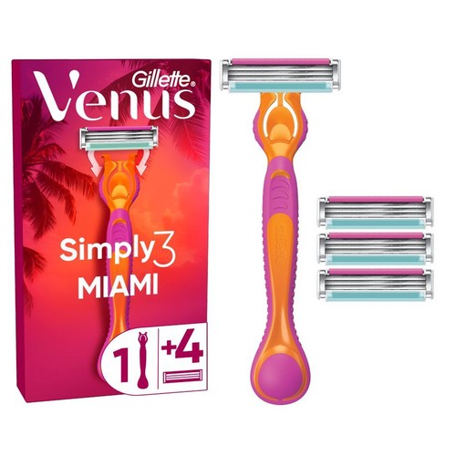 Maszynka Gillette Venus Simply3 Miami z rączką i 4 wymiennymi ostrzami. Różowo-pomarańczowe opakowanie.