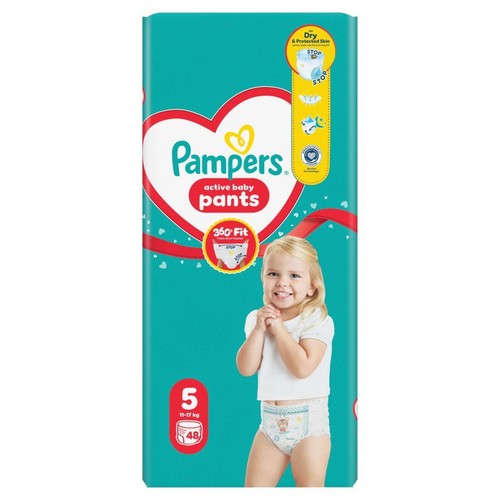 Pampers Active Baby Pants, rozmiar 5 (11-17 kg), 48 sztuk. Opakowanie turkusowe z sercem i uśmiechniętym dzieckiem.