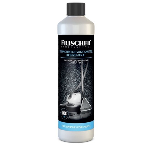 Biała butelka Frischer Professional, koncentrat do czyszczenia dywanów, 500 ml. Na etykiecie grafika odkurzacza i narzędzia do dywanów.