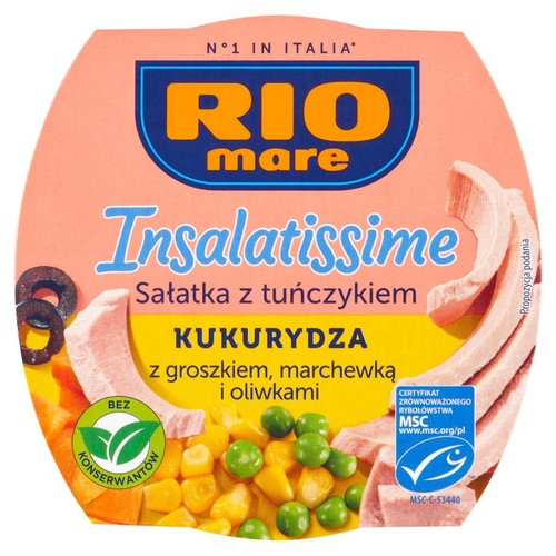 Sałatka RIO mare Insalatissime z tuńczykiem, kukurydzą, groszkiem, marchewką i oliwkami w okrągłym opakowaniu, 160g. Na etykiecie grafika składników. Produkt bez konserwantów.