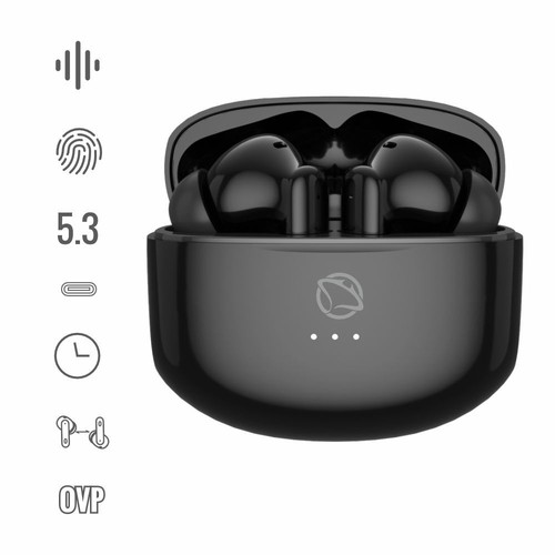 Czarne bezprzewodowe słuchawki douszne w otwartym etui ładującym. Obok ikony Bluetooth 5.3, dotyku i ładowania USB-C.