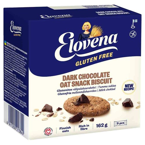 Niebieskie opakowanie ciasteczek owsianych Elovena z ciemną czekoladą, bezglutenowe, 162g, 9 sztuk. Na opakowaniu rysunek ciastka.